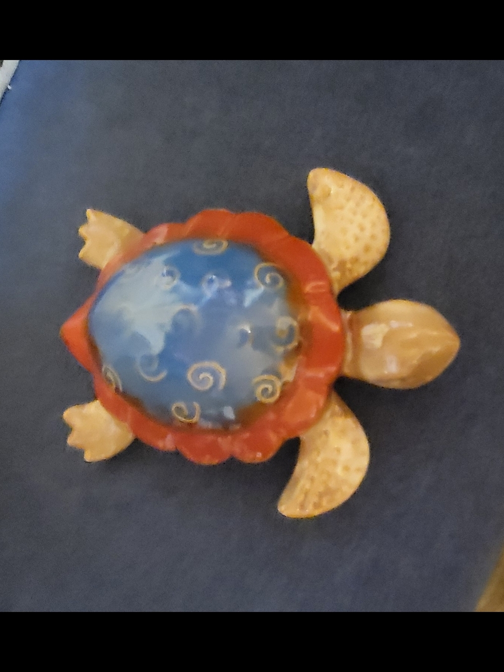Handcrafted Blue Shell Turtle Accent with Red Rim
